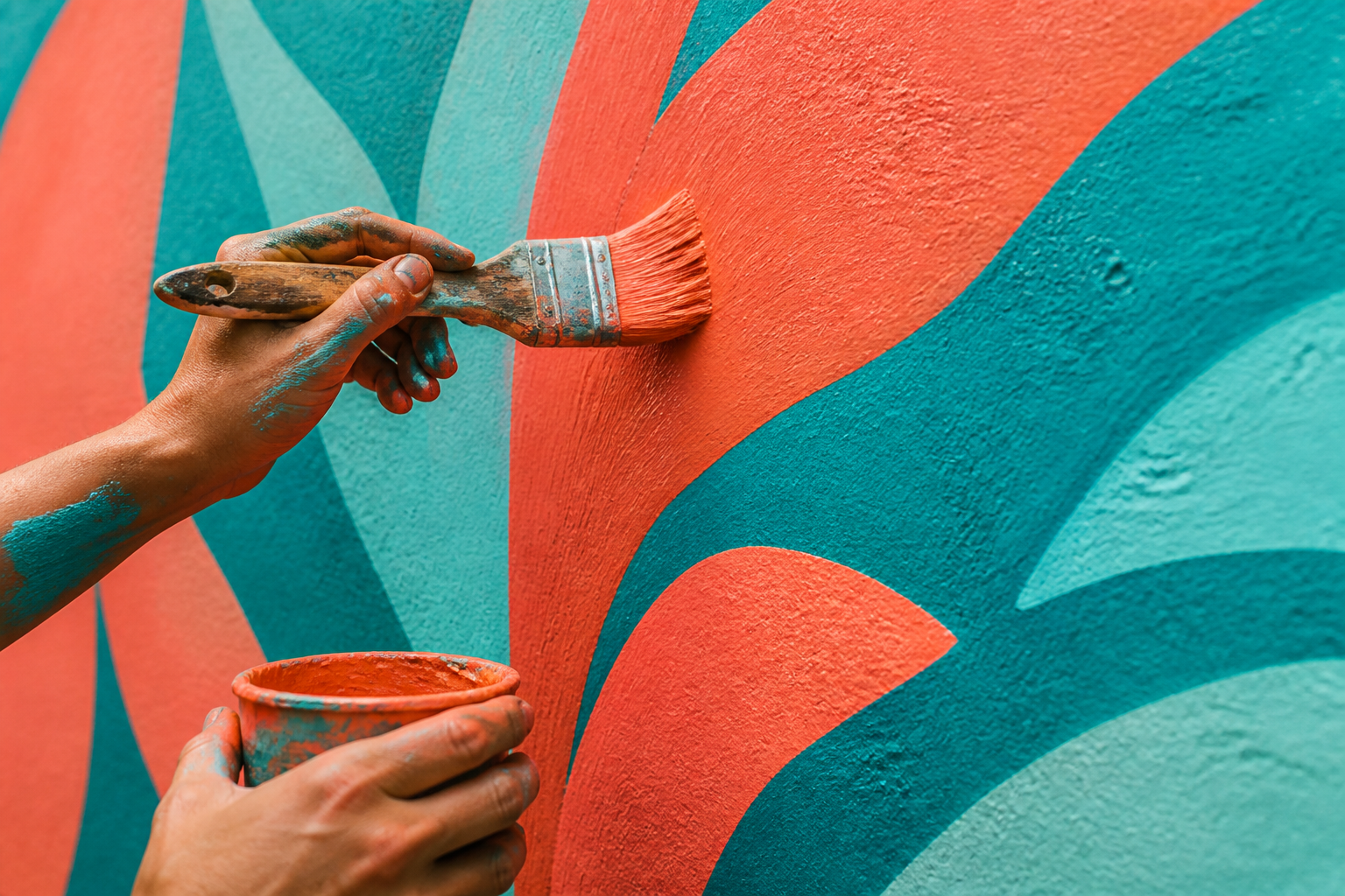 Pinceau sur une fresque corail et turquoise