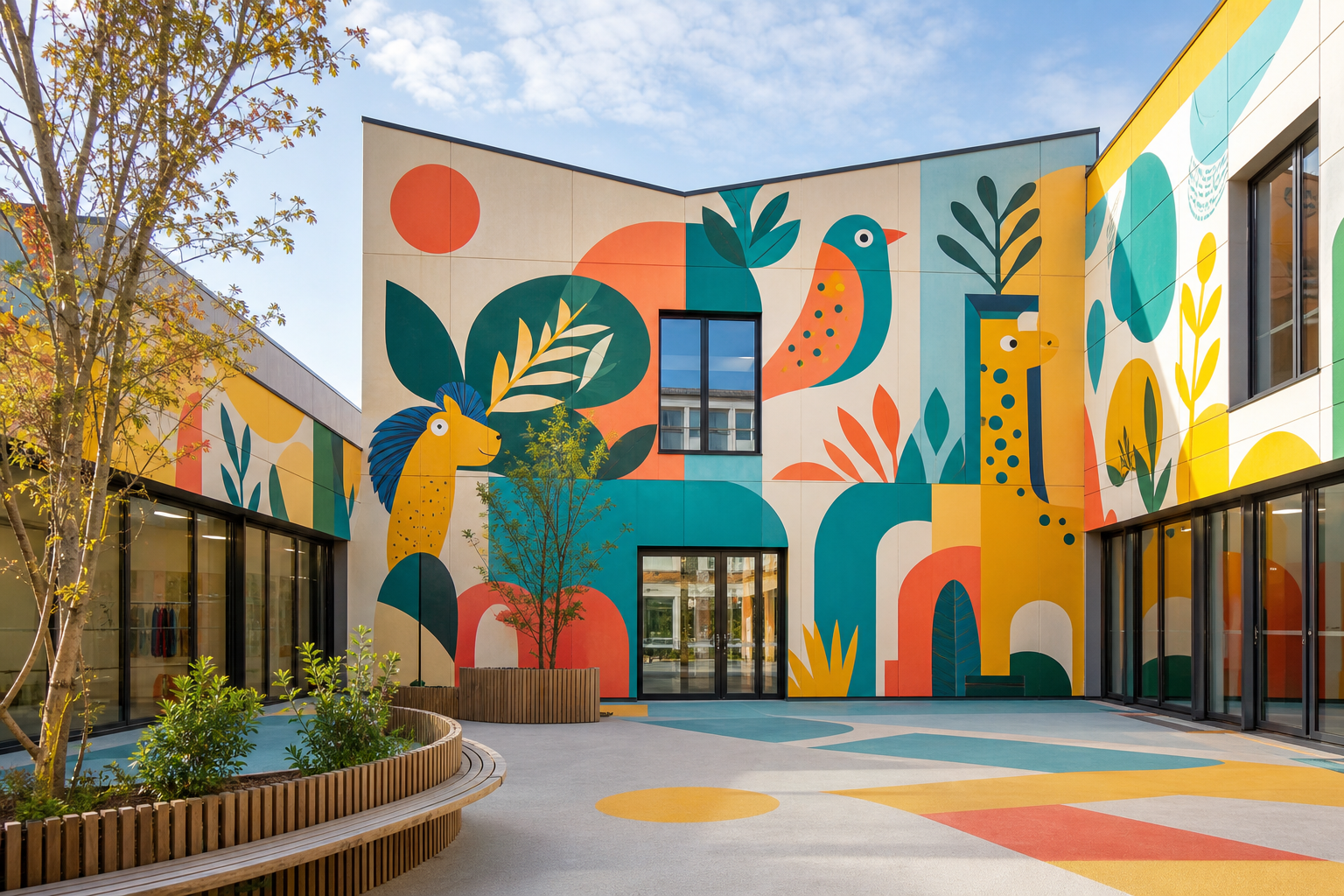 Fresque joyeuse dans une cour d'école