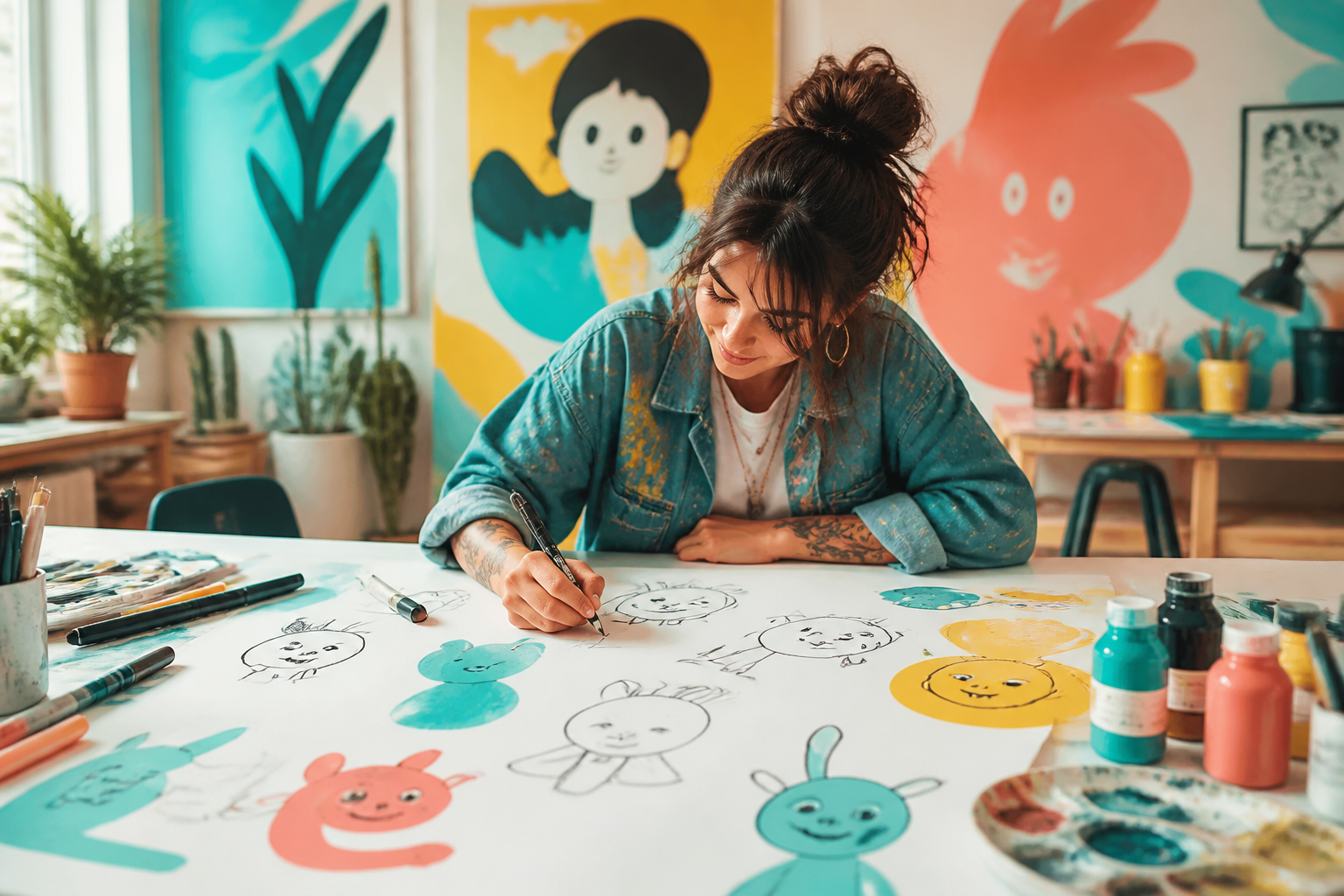 Illustratrice préparant un univers mural